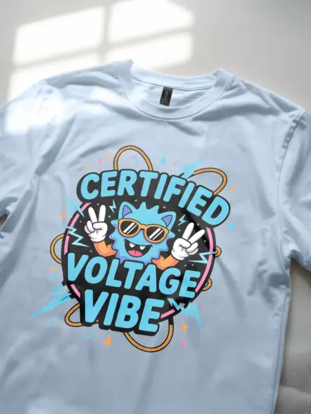Light Blue Certified Voltage Vibe Shirt Lifestyle – cartoon electrician t-shirt with peace sign character