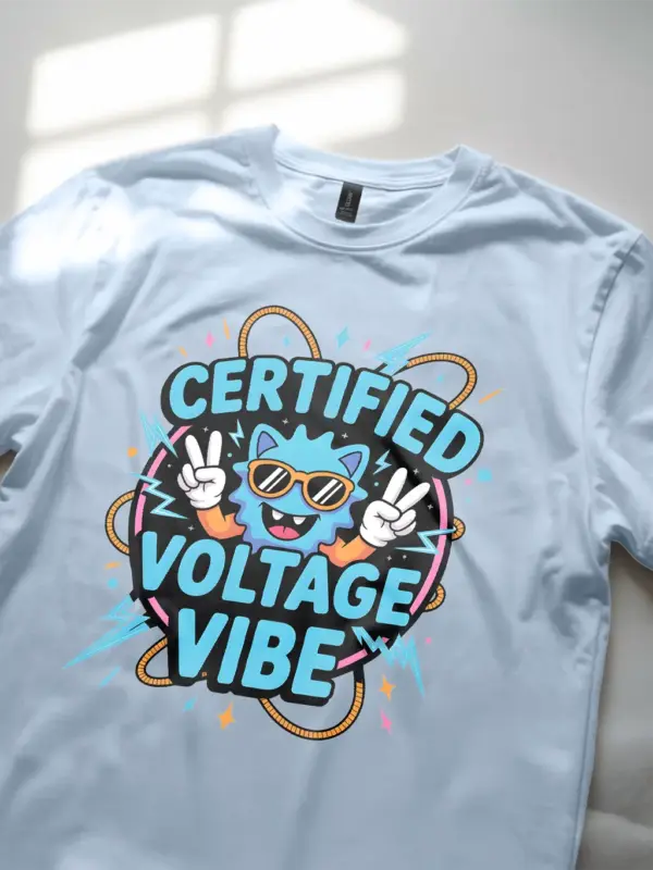 Light Blue Certified Voltage Vibe Shirt Lifestyle – cartoon electrician t-shirt with peace sign character