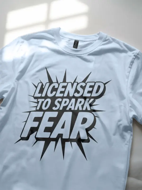 Light Blue Shirt Lifestyle – Witty Tradesperson Graphic – Electrician Comic T-Shirt