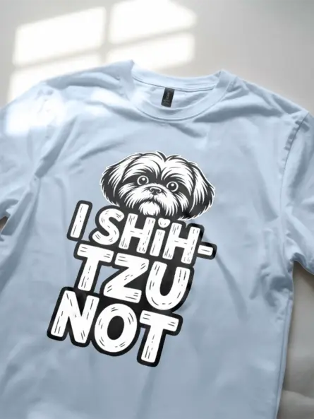 light blue lifestyle – pun lover wearing navy funny Shih Tzu dog t-shirt
