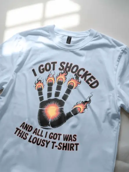 Light Blue Shirt Flat Lay - I Got Shocked - Funny Electric Shock T Shirt