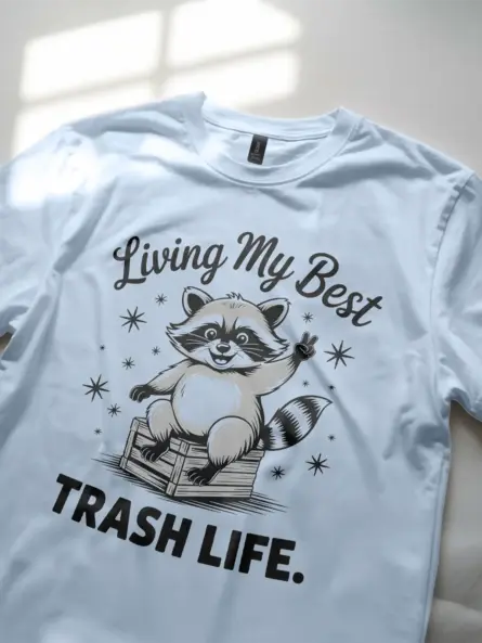 light blue Shirt Lifestyle Shot – Living My Best Trash Life – funny raccoon trash panda t-shirt