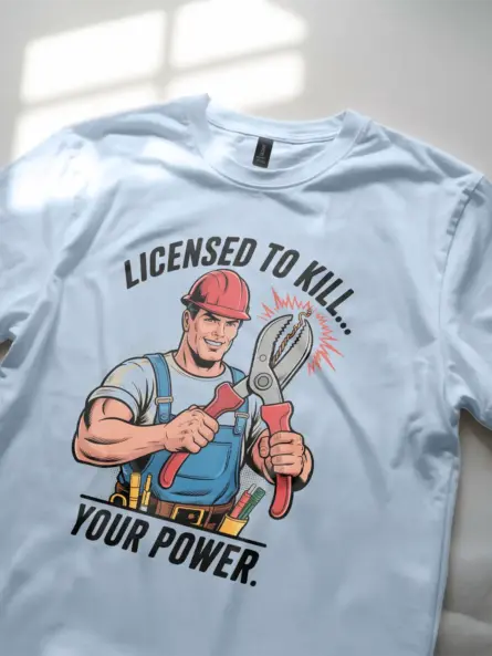 Licensed Electrician Pun T-Shirt – Comic Style “Licensed to Kill… Your Power - Image 5