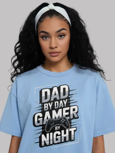 light blue Lifestyle image of light blue gaming dad Father’s Day shirt