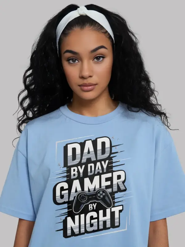 light blue Lifestyle image of light blue gaming dad Father’s Day shirt