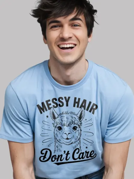 Cozy home shot light blue messy hair dont care alpaca t-shirt