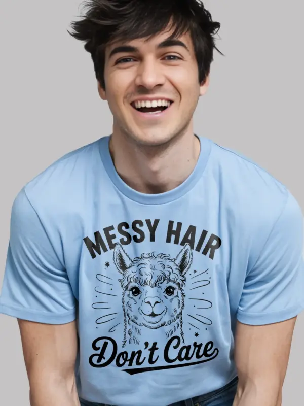 Cozy home shot light blue messy hair dont care alpaca t-shirt