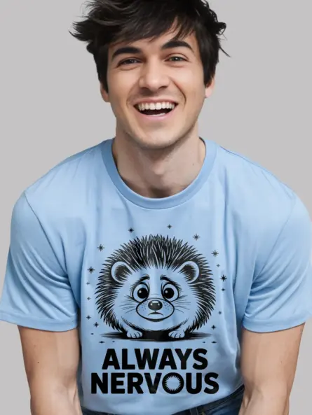 light blue Lifestyle photo with dark heather tee, always nervous hedgehog t-shirt