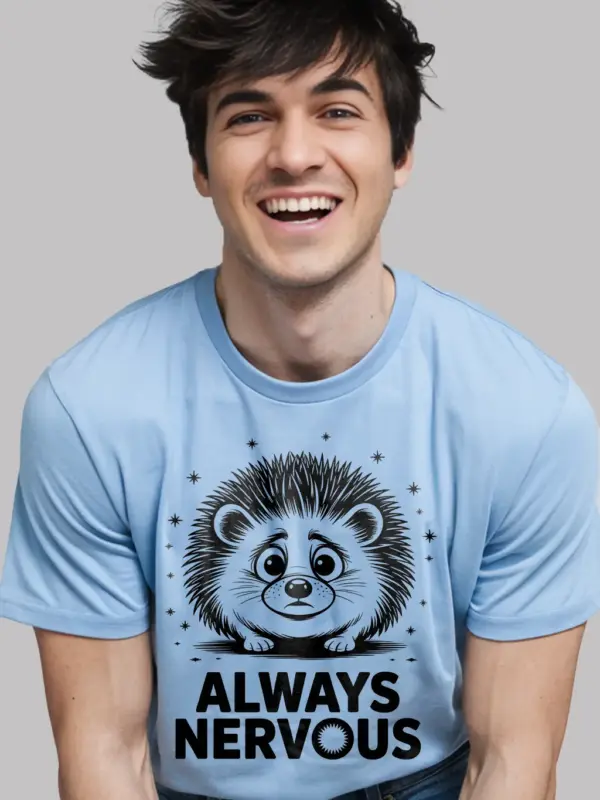 light blue Lifestyle photo with dark heather tee, always nervous hedgehog t-shirt
