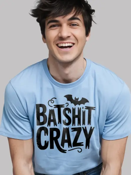 Light Blue close-up – Bat silhouette quote batshit crazy t-shirt blue