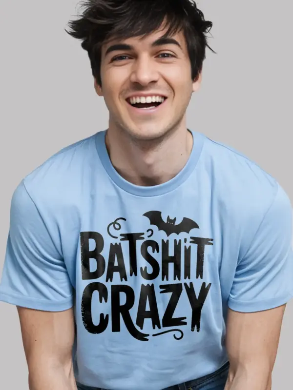 Light Blue close-up – Bat silhouette quote batshit crazy t-shirt blue