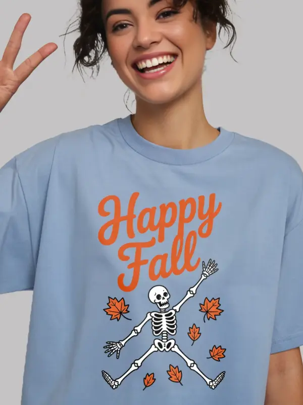 Lifestyle Shot light blue Shirt Lifestyle – Happy Fall Skeleton T-Shirt