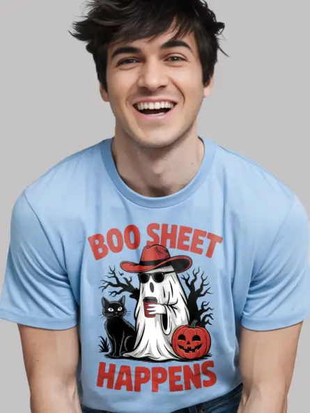 Light Blue close-up – Boo Sheet Happens pun shirt ghost coffee design