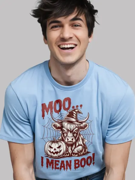 Light Blue close-up – spider web cow illustration highland cow Halloween shirt