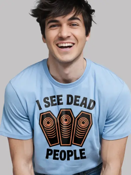 light blue Lifestyle I See Dead People Coffin Halloween T-Shirt – sarcastic halloween shirt