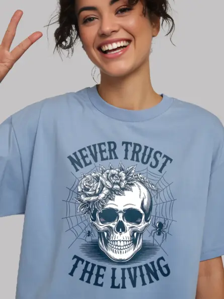 light blue lifestyle – vintage horror quote shirt – gothic skull floral t-shirt