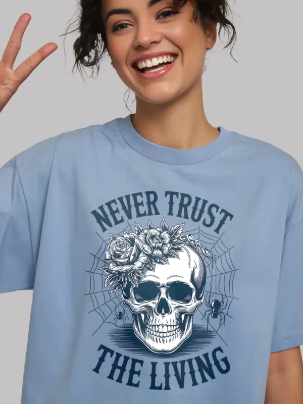 light blue lifestyle – vintage horror quote shirt – gothic skull floral t-shirt