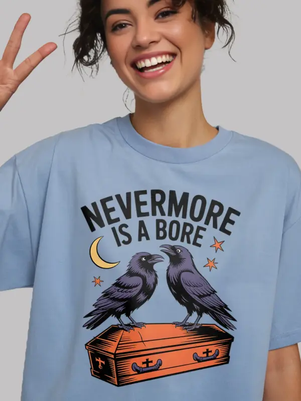 light blue lifestyle – moon stars and Poe pun tee – gothic raven literary pun t-shirt