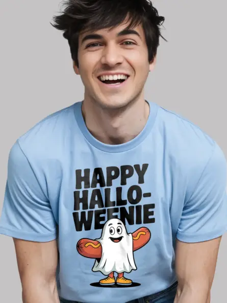 Playful Happy Halloweenie T-Shirt – Hot Dog Ghost Fun - Image 6
