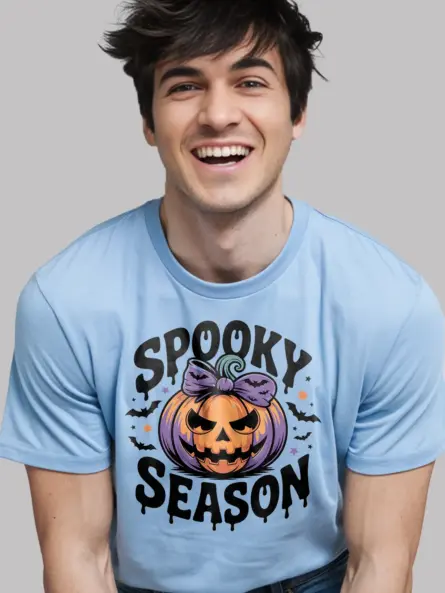 light blue Front view light blue Shirt spooky season pumpkin t-shirt for Gen Z girls
