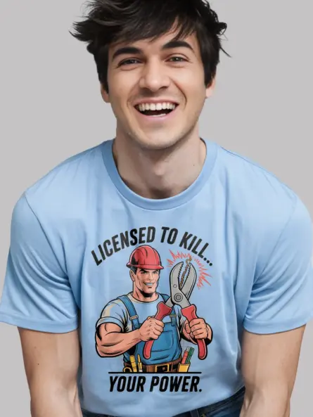 Licensed Electrician Pun T-Shirt – Comic Style “Licensed to Kill… Your Power - Image 6