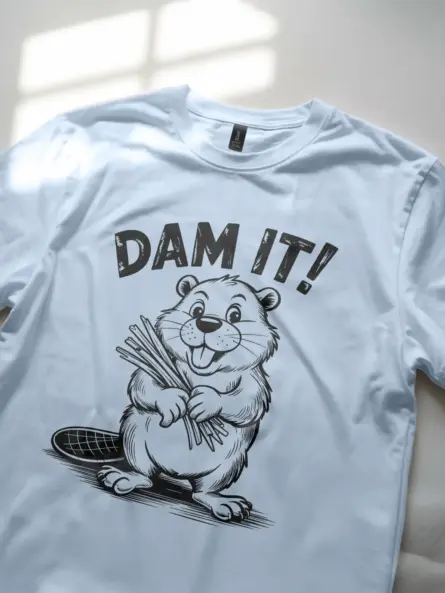 light blue shirt front with beaver illustration and dam it joke