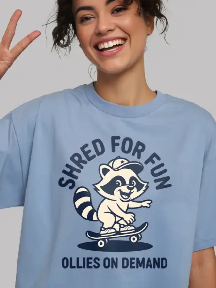 Skateboard Raccoon T-Shirt – Funny Shred for Fun Streetwear Tee - Image 3