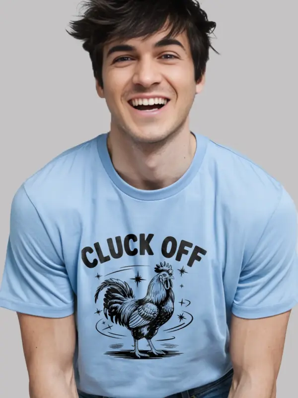 light blue Lifestyle image of dark heather cluck off farm animal shirt