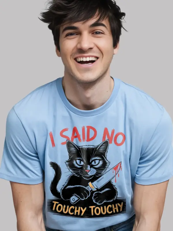 light blue lifestyle view edgy no touchy touchy cat shirt meme style