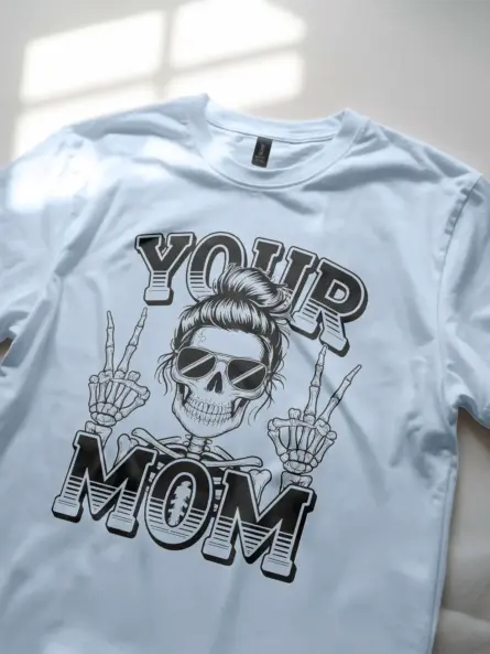 light blue lifestyle image skeleton mom shirt for Gen Z