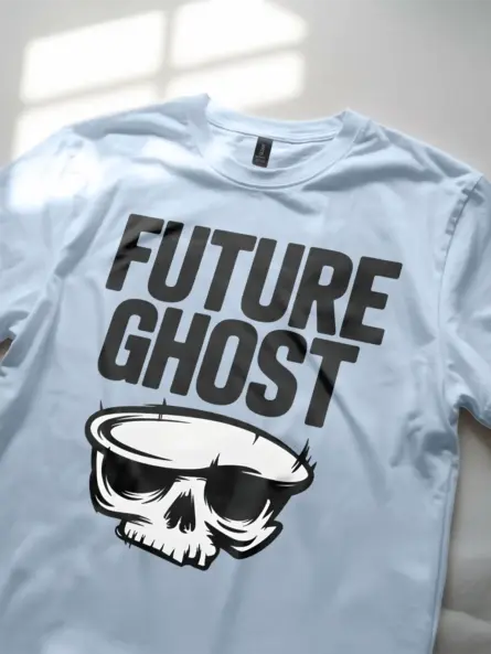light blue Future Ghost T-Shirt Lifestyle Shot – retro skull graphic t-shirt
