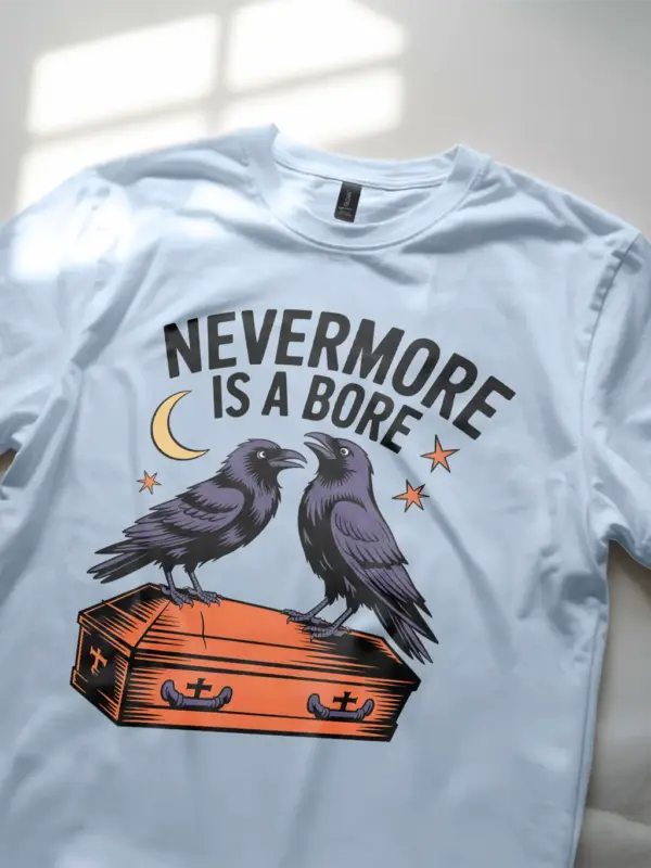 light blue flat lay – spooky literary humor shirt – gothic raven literary pun t-shirt