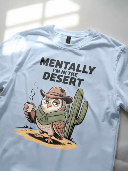 Desert Vibes T-Shirt – Funny Cowboy Owl Coffee Graphic Tee - Image 5