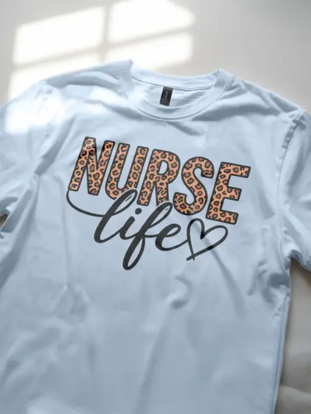 light blue nurse life shirt with animal print lettering
