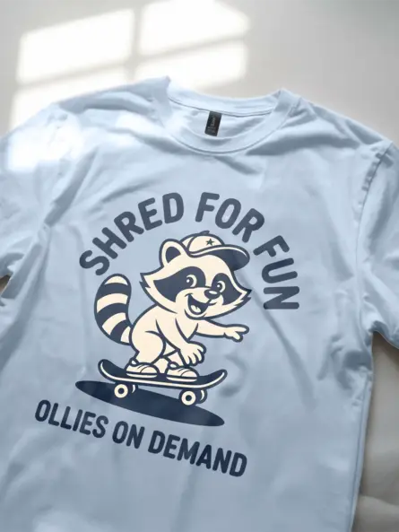 Skateboard Raccoon T-Shirt – Funny Shred for Fun Streetwear Tee - Image 2