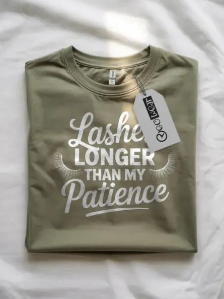 Military Green Shirt Lashes Longer Than My Patience Funny Lash Tech Shirt Front View