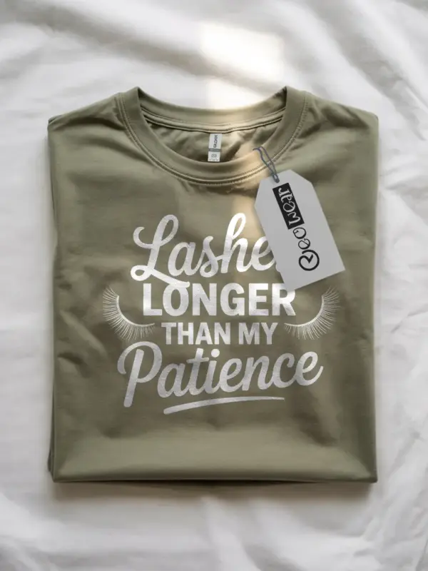 Military Green Shirt Lashes Longer Than My Patience Funny Lash Tech Shirt Front View