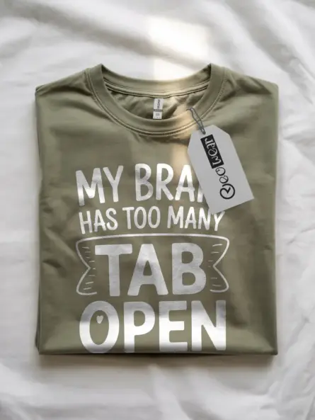 Front view shirt military green flataly with my brain has too many tabs open t-shirt design