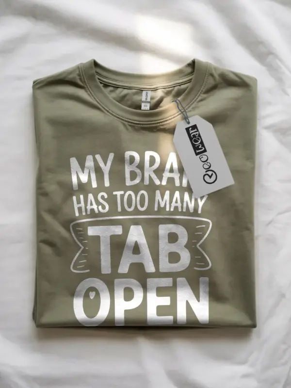 Front view shirt military green flataly with my brain has too many tabs open t-shirt design