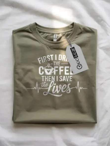 Military green first i drink the coffee then i save lives shirt front view