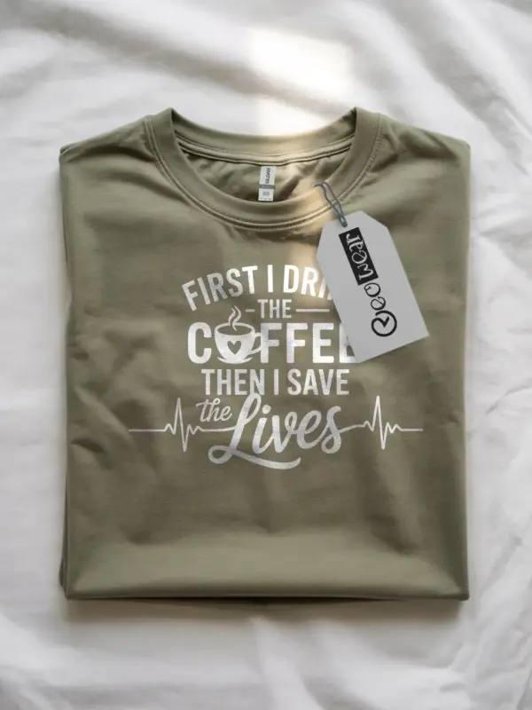 Military green first i drink the coffee then i save lives shirt front view