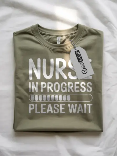 Front view of military green nurse in progress t-shirt – student gift idea