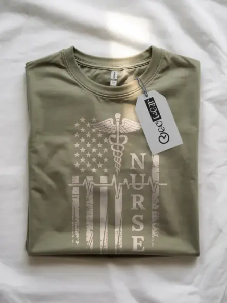 Patriotic Nurse Flag T-Shirt with Caduceus and Heartbeat Design - Image 10