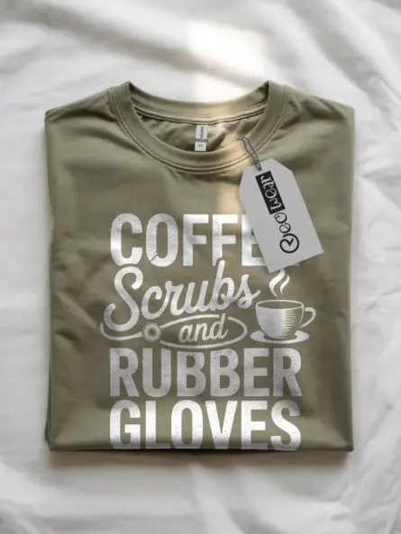 Military green Front Vintage Nurse Shirt with Coffee and Stethoscope