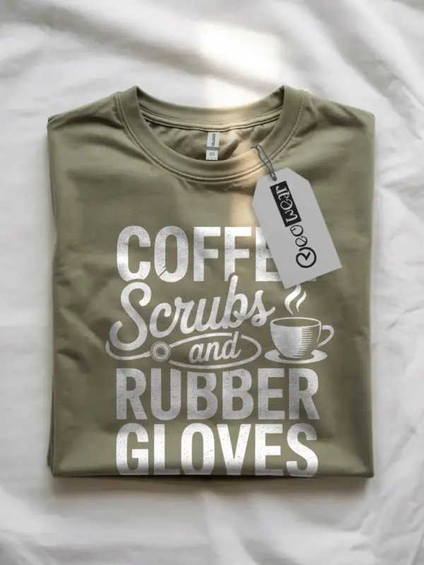 Military green Front Vintage Nurse Shirt with Coffee and Stethoscope