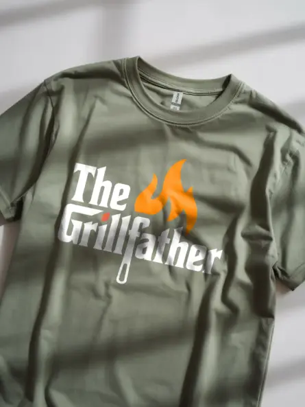 military green grill father t shirt for dad front view grill fork print