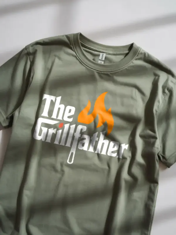 military green grill father t shirt for dad front view grill fork print