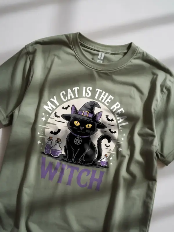 military green front view my cat is the real witch t-shirt for witchy women