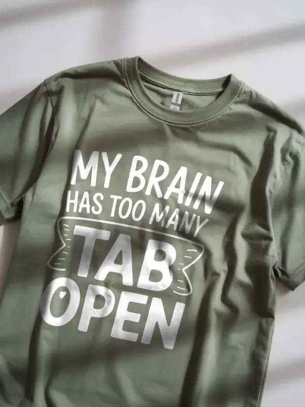 Lifestyle image wearing royal blue my brain has too many tabs open t-shirt