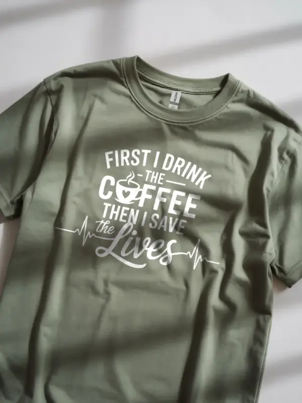 Military green first i drink the coffee then i save lives shirt lifestyle shot
